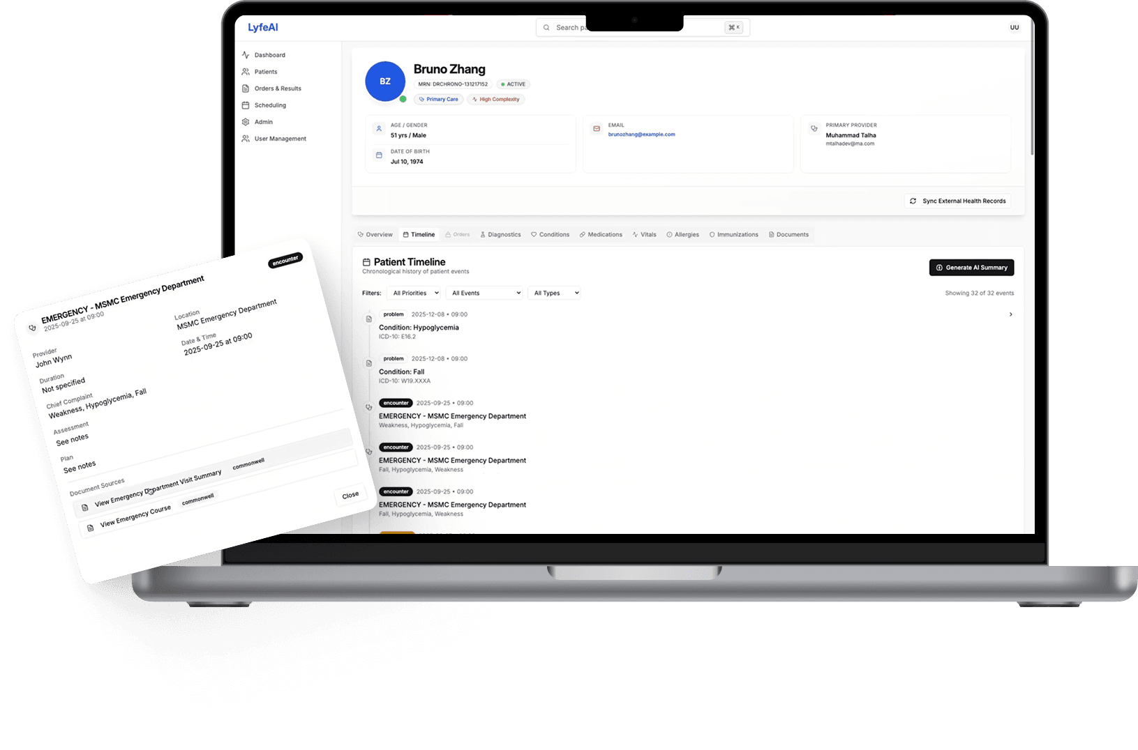 Lyfe AI dashboard showing patient timeline